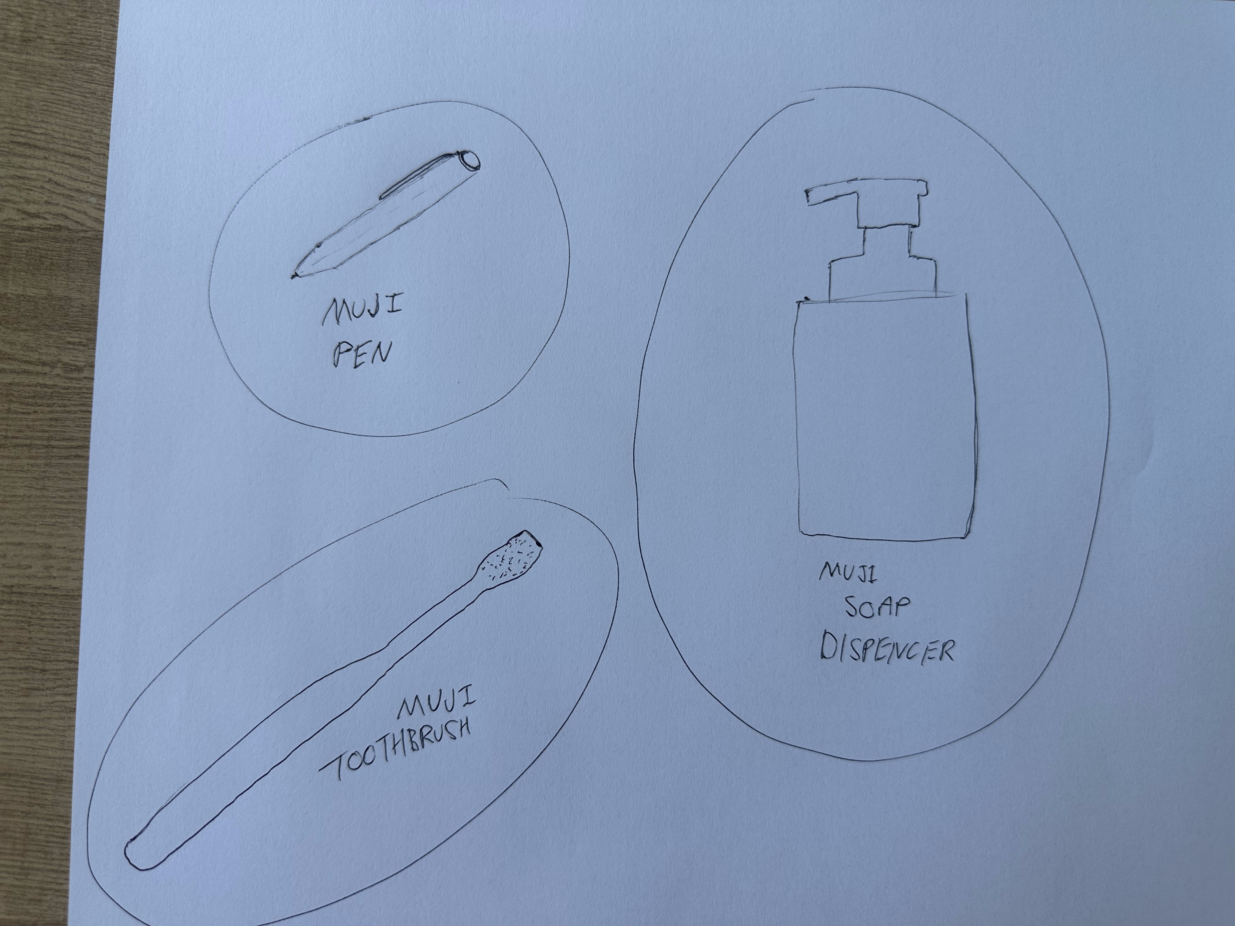 Three Muji products drawn from reference: a Muji toothbrush, a Muji pen, and a Muji soap dispenser